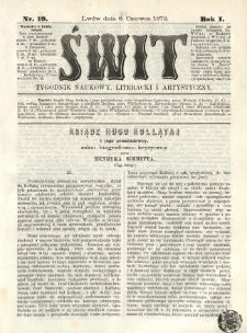 Świt : tygodnik naukowy, literacki i artystyczny. 1872.06.08 R.1 Nr19