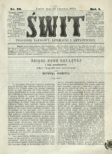 Świt : tygodnik naukowy, literacki i artystyczny. 1872.06.15 R.1 Nr20