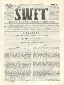 Świt : tygodnik naukowy, literacki i artystyczny. 1872.06.22 R.1 Nr21
