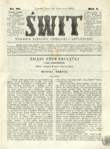 Świt : tygodnik naukowy, literacki i artystyczny. 1872.06.29 R.1 Nr22