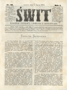 Świt : tygodnik naukowy, literacki i artystyczny. 1872.07.06 R.1 Nr23