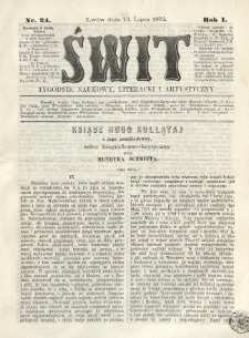 Świt : tygodnik naukowy, literacki i artystyczny. 1872.07.13 R.1 Nr24