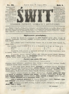Świt : tygodnik naukowy, literacki i artystyczny. 1872.07.27 R.1 Nr26