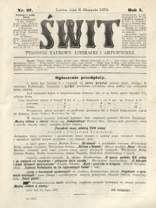 Świt : tygodnik naukowy, literacki i artystyczny. 1872.08.03 R.1 Nr27