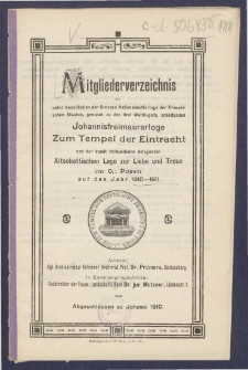 Mitgliederverzeichniss der unter Constitution der Grossen National-Mutter-Loge der Preussischen Staaten genannt zu den drei Weltkugeln arbeitenden Sanct Johannis Freimaurer-Loge zum Tempel der Eintracht und der damit verbundenen Delegirten Altschottischen Loge zur Liebe und Treue im Orient zu Posen für das Jahr ... = Obraz członków Loż pracujących pod konstytucyą M. L. W. Narodowej krajów Pruskich, zwanej trzech kul świata S. Jańskiej w. m. Świątyni Jedności i połączonej z nią Delegowanej L. Staroszkockiej Miłości i Wierności na Wsch. m. Poznania na rok...