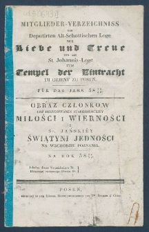Mitgliederverzeichniss der Deputirten Alt Schottischen Loge Liebe und Treue, und der St. Johannis-Loge zum der Tempel Eintracht im Orient zu Posen f&uuml;r das Jahr 5834/35