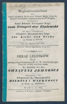 Mitgliederverzeichniss der unter Constitution der Grossen National-Mutter-Loge der Preussischen Staaten genannt zu den drei Weltkugeln arbeitenden Sanct Johannis Freimaurer-Loge zum Tempel der Eintracht und der damit verbundenen Delegirten Altschottischen Loge zur Liebe und Treue im Orient zu Posen f&uuml;r das Jahr ... = Obraz członk&oacute;w Loż pracujących pod konstytucyą M. L. W. Narodowej kraj&oacute;w Pruskich, zwanej trzech kul świata S. Jańskiej w. m. Świątyni Jedności i połączonej z nią Delegowanej L. Staroszkockiej Miłości i Wierności na Wsch. m. Poznania na rok...