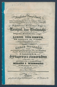 Mitgliederverzeichniss der unter Constitution der Grossen National-Mutter-Loge der Preussischen Staaten genannt zu den drei Weltkugeln arbeitenden Sanct Johannis Freimaurer-Loge zum Tempel der Eintracht und der damit verbundenen Delegirten Altschottischen Loge zur Liebe und Treue im Orient zu Posen f&uuml;r das Jahr ... = Obraz członk&oacute;w Loż pracujących pod konstytucyą M. L. W. Narodowej kraj&oacute;w Pruskich, zwanej trzech kul świata S. Jańskiej w. m. Świątyni Jedności i połączonej z nią Delegowanej L. Staroszkockiej Miłości i Wierności na Wsch. m. Poznania na rok...
