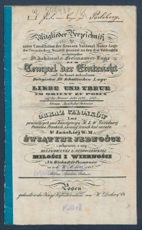 Mitgliederverzeichniss der unter Constitution der Grossen National-Mutter-Loge der Preussischen Staaten genannt zu den drei Weltkugeln arbeitenden Sanct Johannis Freimaurer-Loge zum Tempel der Eintracht und der damit verbundenen Delegirten Altschottischen Loge zur Liebe und Treue im Orient zu Posen f&uuml;r das Jahr ... = Obraz członk&oacute;w Loż pracujących pod konstytucyą M. L. W. Narodowej kraj&oacute;w Pruskich, zwanej trzech kul świata S. Jańskiej w. m. Świątyni Jedności i połączonej z nią Delegowanej L. Staroszkockiej Miłości i Wierności na Wsch. m. Poznania na rok...