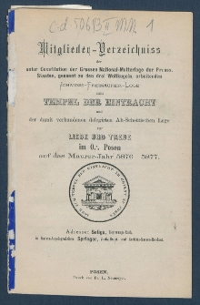 Mitgliederverzeichniss der unter Constitution der Grossen National-Mutter-Loge der Preussischen Staaten genannt zu den drei Weltkugeln arbeitenden Sanct Johannis Freimaurer-Loge zum Tempel der Eintracht und der damit verbundenen Delegirten Altschottischen Loge zur Liebe und Treue im Orient zu Posen f&uuml;r das Jahr ... = Obraz członk&oacute;w Loż pracujących pod konstytucyą M. L. W. Narodowej kraj&oacute;w Pruskich, zwanej trzech kul świata S. Jańskiej w. m. Świątyni Jedności i połączonej z nią Delegowanej L. Staroszkockiej Miłości i Wierności na Wsch. m. Poznania na rok...