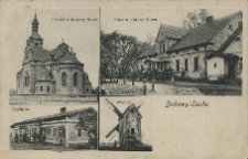 Dakowy-Suche. Kościół w Dakowy-Mokre. Pałac w Dakowy-Mokre. Gościniec. Wiatrak.