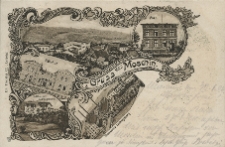 Gruss aus Moschin. [Totalansicht]. Post. Bahnhof. Luftkurort Ludwigshöhe. Thonwerke Ludwigsberg.