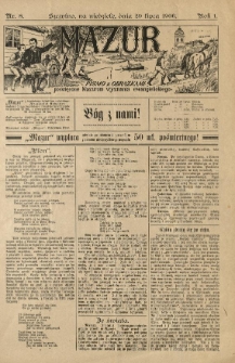 Mazur : pismo z obrazkami poświęcone Mazurom wyznania ewangelickiego. 1906.07.29 R.1 nr8