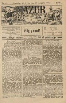 Mazur : pismo z obrazkami poświęcone Mazurom wyznania ewangelickiego. 1906.08.15 R.1 nr13