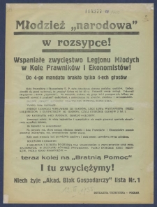 [Afisz] : [Incipit:] Młodzież "narodowa" w rozsypce! Wspaniałe zwycięstwo Legjonu Młodych w Kole Prawników i Ekonomistów! Do 4-go mandatu brakło tylko 4-ech głosów [...].