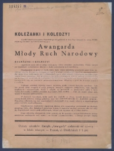 [Ulotka] : [Incipit:] Koleżanki i koledzy! Wysoki Senat Uniwersytetu Poznańskiego zalegalizował w dniu 8-go listopada br. nową organizację ideowo-wychowawczą p. n. Awangarda Młody Ruch Narodowy [...] / Awangarda Młody Ruch Narodowy Stowarzyszenie S.S.U.P.