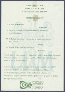 [Afisz] : [Incipit:] Uniwersyteckie wykłady otwarte w roku akademickim 1989/1990 : semestr zimowy [...] / Centrum Studi&oacute;w Otwartych Uniwersytetu im. Adama Mickiewicza w Poznaniu.