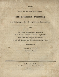 Wiadomość o stanie Kr&oacute;lewskiego Gimnazyum w Lesznie w ciągu roku szk&oacute;lnego od Wielkiejnocy 1839 r. aż do tegoż czasu 1840 r.