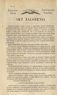Emigracya Polska Stowarzyszenie Podatkowe. Akt Założenia. Nr 1. 1862
