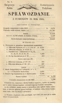 Emigracya Polska Stowarzyszenie Podatkowe. Sprawozdanie z fundusz&oacute;w za rok 1864. Nr 8. 1865
