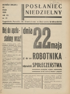 Posłaniec Niedzielny: organ Parafii św. Stanisława BM w Mieście Ostrowie Archidiec. Poznańskiej 1938.05.22 R.12 Nr21