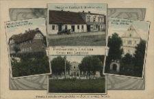 Pozdrowienie z Łopienna. Gruss aus Lopienno. Oberza - Gasthof S. Kochanowicz. Szkoła katolicka. Katholische Schule. Kości&oacute;ł katolicki. Kath. Kirche. Poczta i szkoła ewangelicka - Post u. evang. Schule.