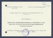 [Zaproszenie] : [Incipit:] Zarząd Uczelniany TPPR przy Uniwersytecie im. AM w Poznaniu uprzejmie zaprasza na Uroczystą Akademię poświęconą uczczeniu 57-mej rocznicy Wielkiej Socjalistycznej Rewolucji Październikowej : Akademia odbędzie się w dniu 7 listopada br. o godz. 18.00 w małej auli w Coll. Minus
