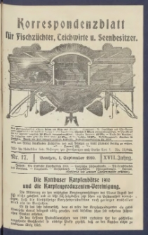 Korrespondenzblatt f&uuml;r Fischz&uuml;chter, Teichwirte und Seenbesitzer: Organ des Vereins Deutscher Teichwirte 1910.09.01 Jg.17 Nr17