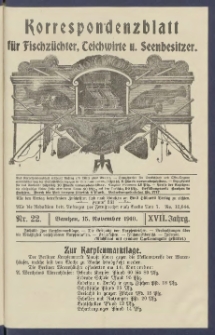 Korrespondenzblatt f&uuml;r Fischz&uuml;chter, Teichwirte und Seenbesitzer: Organ des Vereins Deutscher Teichwirte 1910.11.15 Jg.17 Nr22