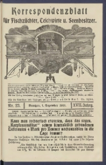 Korrespondenzblatt f&uuml;r Fischz&uuml;chter, Teichwirte und Seenbesitzer: Organ des Vereins Deutscher Teichwirte 1910.12.01 Jg.17 Nr23