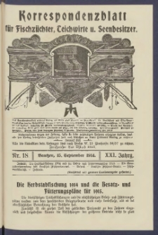 Korrespondenzblatt f&uuml;r Fischz&uuml;chter, Teichwirte und Seenbesitzer: Organ des Vereins Deutscher Teichwirte 1914.09.15 Jg.21 Nr18