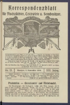 Korrespondenzblatt f&uuml;r Fischz&uuml;chter, Teichwirte und Seenbesitzer: Organ des Vereins Deutscher Teichwirte 1914.11.01 Jg.21 Nr21