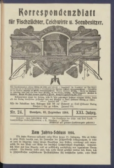 Korrespondenzblatt f&uuml;r Fischz&uuml;chter, Teichwirte und Seenbesitzer: Organ des Vereins Deutscher Teichwirte 1914.12.15 Jg.21 Nr24