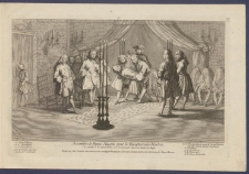 Assembl&eacute;e de Francs-Ma&ccedil;ons pour la Reception des Maitres: On couche le Recipiendaire sur le Cercueil dessin&eacute; dans la Loge