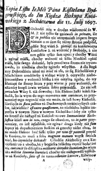 Kopia Listu Ie Mći Pana Kasztelana Bydgowskiego do Im Xiędza Biskupa Kuiawskiego z Sochaczewa die 11. Iulii 1697.