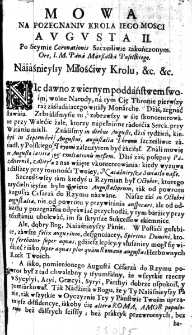 Mowa na pożegnaniu Króla Iego Mosci Augusta II po Seymie Coronationis Szczęśliwie zakończonym. Ore, I. M. Pana Marszałka Poselskiego