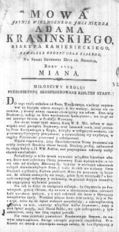Mowa Jasnie Wielmoznego JMci Xiędza Adama Krasinskiego, Biskupa Kamienieckiego, Kawalera Orderu Orła Białego, na Sessyi Seymowey Dnia 28. Sierpnia, Roku 1789. miana