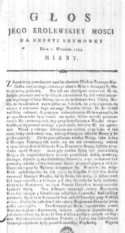 Głos Jego Krolewskiey Mosci na Sessyi Seymowey Dnia 1. Września 1789. miany