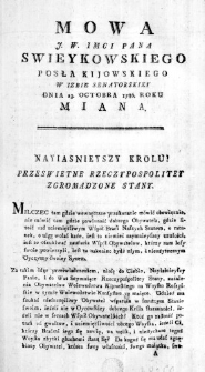 Mowa J. W. Imci Pana Swieykowskiego Posła Kijowskiego w Izbie Senatorskiey Dnia 23. Octobra 1786. Roku miana