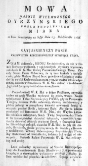 Mowa Jasnie Wielmoznego Oyrzynskiego Posła Podolskiego miana w Izbie Senatorskiey na Sessyi Dnia 23. Października 1786.