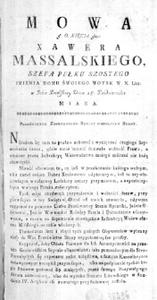 Mowa J. O. Xięcia Jmci Xawera Massalskiego, Szefa Pułku Szostego Imienia Domu swoiego Woysk W. X. Lit: w Izbie Poselskiey Dnia 28. Października miana