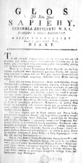 Głos JO. Xcia Jmci Sapiehy, Generała Artyleryi W. X. L. Starosty i Posła Brzesk: Lit: w Izbie Poselskiey Dnia 7. 9bra 1786. Roku miany