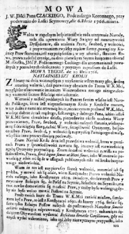 Mowa J. W. JMći Pana Czackiego, Podczaszego Koronnego, przy podawaniu do Laski Seymowey, die 6. 8bris 1766. miana