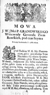 Mowa J. W. JMci P. Granowskiego, Woiewody Generała Ziem Rawskich, pod czas Seymu Dnia 23. Października R. 1766. miana