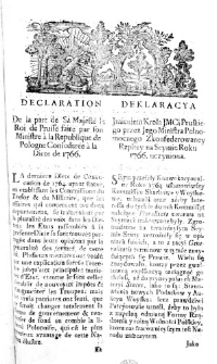 Deklaracya Jmieniem Krola JMCi Pruskiego przez Jego Ministra Pełnomocnego Zkonfederowaney Rzpltey na Seymie Roku 1766. uczyniona