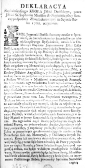 Deklaracya Nayiaśnieyszego Krola JMści Duńskiego, przez JMści St. Saphorin Ministra do Nayiaśnieyszego Rzeczypospolitey Zkonfederowaney na Seymie Roku 1766. uczyniona