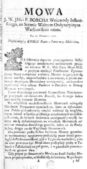 Mowa J. W. JMći P. Borcha Woiewody Inflantskiego, na Seymie Walnym Ordynaryinym Warszawskim miana. Die 12 Novenbris 1766.