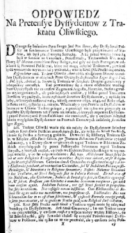 Odpowiedz na Pretensye Dyssydentow z Traktatu Oliwskiego